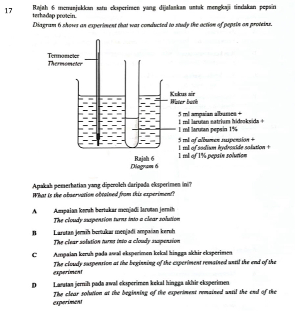 Rajah 6 menunjukkan satu eksperimen yang dijalankan untuk mengkaji tindakan pepsin
17 terhadap protein.
Diagram 6 shows an experiment that was conducted to study the action of pepsin on proteins.
Apakah pemerhatian yang diperoleh daripada eksperimen ini?
What is the observation obtained from this experiment?
A Ampaian keruh bertukar menjadi larutan jernih
The cloudy suspension turns into a clear solution
B Larutan jernih bertukar menjadi ampaian keruh
The clear solution turns into a cloudy suspension
C Ampaian keruh pada awal eksperimen kekal hingga akhir eksperimen
The cloudy suspension at the beginning of the experiment remained until the end of the
experiment
D Larutan jernih pada awal eksperimen kekal hingga akhir eksperimen
The clear solution at the beginning of the experiment remained until the end of the
experiment