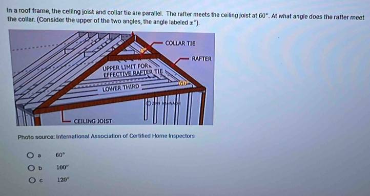 In a roof frame, the ceiling joist and collar tie are parallel. The rafter meets the ceiling joist at 60°. At what angle does the rafter meet
the collar. (Consider the upper of the two angles, the angle labeled x°
Photo source: International Association of Certified Home Inspectors
a 60°
b 100°
c 120°