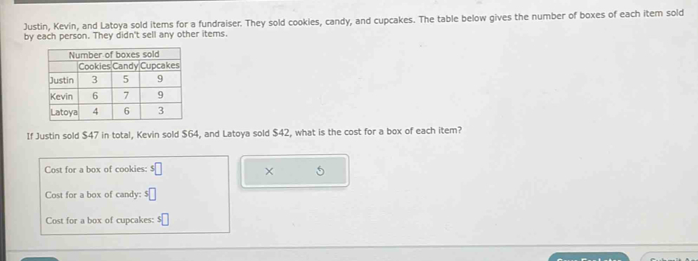 Justin, Kevin, and Latoya sold items for a fundraiser. They sold cookies, candy, and cupcakes. The table below gives the number of boxes of each item sold 
by each person. They didn't sell any other items. 
If Justin sold $47 in total, Kevin sold $64, and Latoya sold $42, what is the cost for a box of each item? 
Cost for a box of cookies: $□ 5 
Cost for a box of candy: $□
Cost for a box of cupcakes: