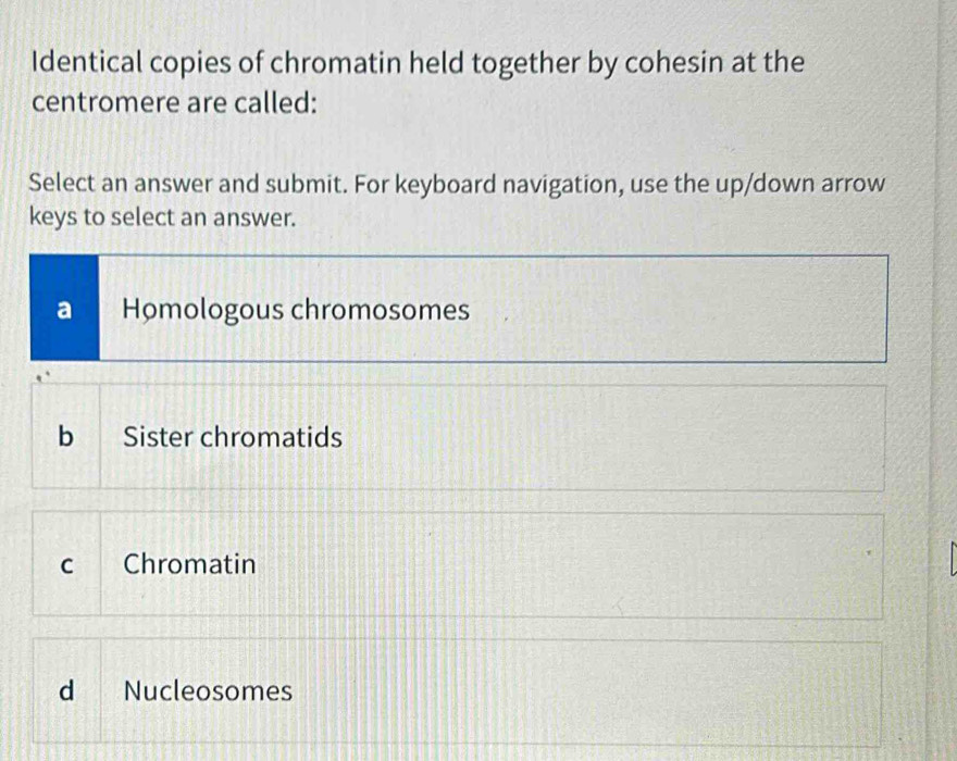 Identical copies of chromatin held together by cohesin at the
centromere are called:
Select an answer and submit. For keyboard navigation, use the up/down arrow
keys to select an answer.
a Homologous chromosomes
b Sister chromatids
C Chromatin
d Nucleosomes