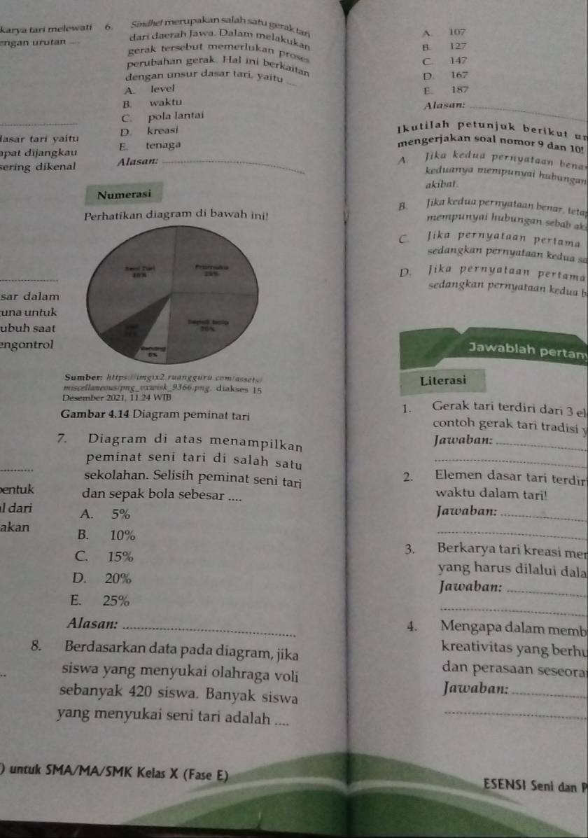 karya tari melewati 6. Sindhe! merupakan salah satu gerak tan
engan urutan dari daerah Jawa. Dalam melakukan A. 107
B. 127
gerak tersebut memerlukan proses
C. 147
perubahan gerak. Hal ini berkaitan
A. level
_
dengan unsur dasar tari, yaitu
D. 167
B. waktu E. 187
_
C. pola lantai Alasan:_
lasar tari yaitu D. kreasi
Ikutilah petunjuk berikut ur
apat dijangkau E. tenaga
mengerjakan soal nomor 9 dan 10!
sering dikenal Alasan:
_A. Jika kedua pernyataan bena
keduanya mempunyai hubungan
Numerasi akibat.
B. Jika kedua pernyataan benar, tetay
Perhatikan diagram di bawah ini!
mempunyai hubungan sebab ak
C. Jika pernyataan pertama
sedangkan pernyataan kedua sa
_
Sevi Turl Prarnotca 798
10%
D. Jika pernyataan pertama
sedangkan pernyataan kedua b
sar dalam
una untuk
ubuh saat 26~
engontrol
5%
Jawablah pertan
Sumber: https://imgix2.ruanggura.com/assets>
miscellaneous/png_trwisk_9366.png. diakses 15 Literasi
Desember 2021, 11.24 WIB 1. Gerak tari terdiri dari 3 el
Gambar 4.14 Diagram peminat tari
contoh gerak tari tradisi y
_
7. Diagram di atas menampilkan Jawaban:_
peminat seni tari di salah satu
2. Elemen dasar tari terdir
sekolahan. Selisih peminat seni tari waktu dalam tari!
entuk dan sepak bola sebesar ....
l dari A. 5% Jawaban:_
akan B. 10%
_
3. Berkarya tari kreasi mer
C. 15% yang harus dilalui dala
D. 20%
Jawaban:_
_
E. 25%
Alasan:_
4. Mengapa dalam memb
kreativitas yang berhu
8. Berdasarkan data pada diagram, jika dan perasaan seseora
siswa yang menyukai olahraga voli
Jawaban:_
_
sebanyak 420 siswa. Banyak siswa
yang menyukai seni tari adalah ....
) untuk SMA/MA/SMK Kelas X (Fase E)  ESENSI Seni dan P