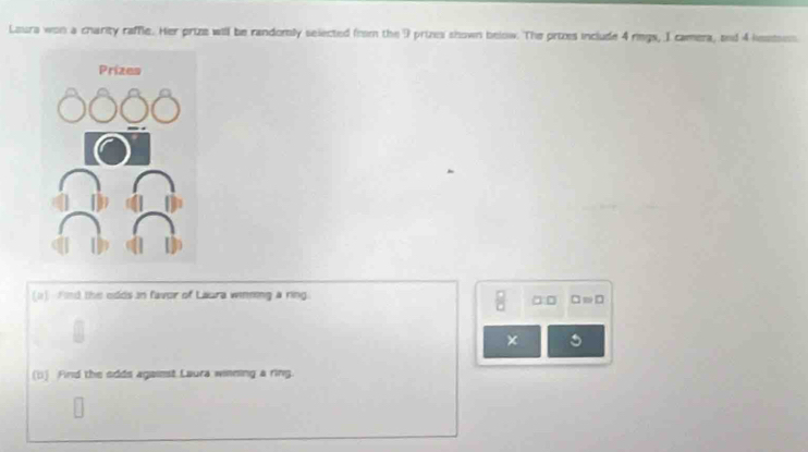 Laura won a charity raffle. Her prize will be randomily selected (rom the 9 prizes shown below. The prizes include 4 rings, I camera, and 4 keatss 
(1) find the odds in favor of Laora winming a ring. 
□□ □-□ 
× 
(1i) Find the odds agaiest Laura winning a ring.