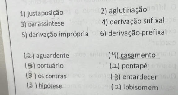 justaposição 2) aglutinação 
3) parassíntese 4) derivação sufixal 
5) derivação imprópria 6) derivação prefixal 
)aguardente () casamento 
) portuário ) pontapé 
C ) os contras ) entardecer 
) hipótese ) lobisomem