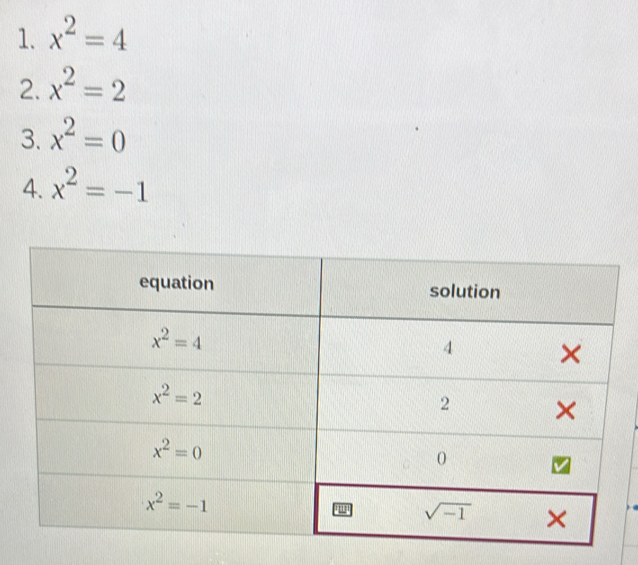 x^2=4
2. x^2=2
3. x^2=0
4. x^2=-1