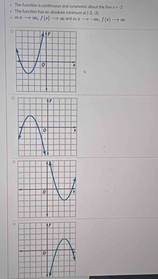 The function is continuous and symmetric about the line x=-3
The function has an absolute minimum at (-3,-2)
asxto ∈fty ,f(x)to oo an dasxto -∈fty , f(x)to ∈fty
。 
。