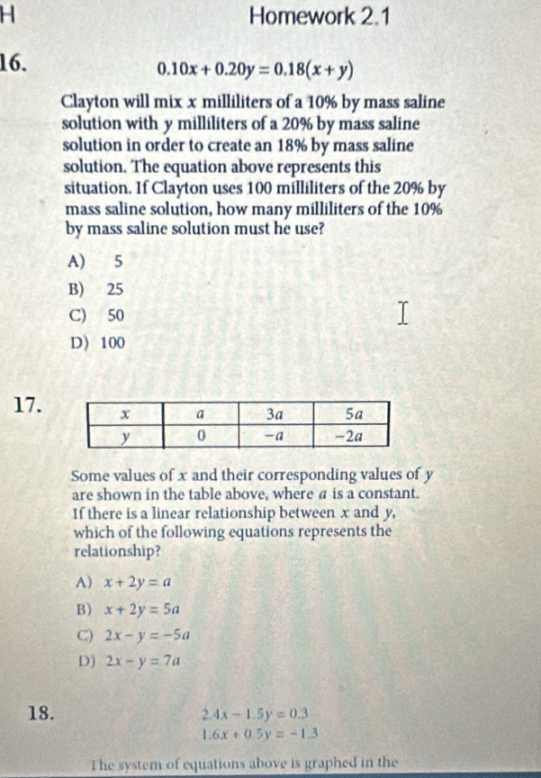 Homework 2.1
16.
0.10x+0.20y=0.18(x+y)
Clayton will mix x milliliters of a 10% by mass saline
solution with y milliliters of a 20% by mass saline
solution in order to create an 18% by mass saline
solution. The equation above represents this
situation. If Clayton uses 100 milliliters of the 20% by
mass saline solution, how many milliliters of the 10%
by mass saline solution must he use?
A) 5
B) 25
C) 50
D) 100
17.
Some values of x and their corresponding values of y
are shown in the table above, where a is a constant.
If there is a linear relationship between x and y,
which of the following equations represents the
relationship?
A) x+2y=a
B) x+2y=5a
C) 2x-y=-5a
D) 2x-y=7a
18. 2.4x-1.5y=0.3
1.6x+0.5y=-1.3
The system of equations above is graphed in the