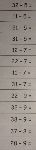 32-5=
28-9=