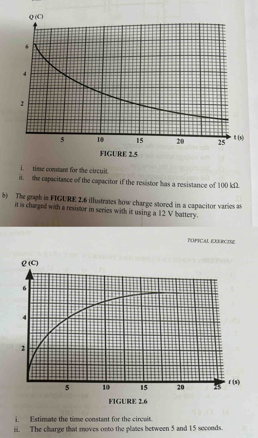 time constant for the circuit.
ii. the capacitance of the capacitor if the resistor has a resistance of 100 kΩ.
b) The graph in FIGURE 2.6 illustrates how charge stored in a capacitor varies as
it is charged with a resistor in series with it using a 12 V battery.
TOPICAL EXERCISE
i. Estimate the time constant for the circuit.
ii. The charge that moves onto the plates between 5 and 15 seconds.