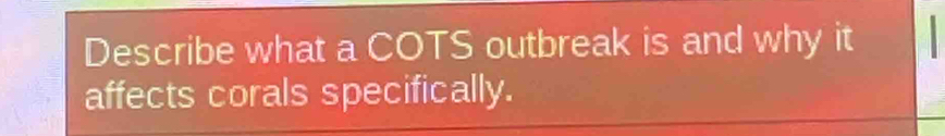 Describe what a COTS outbreak is and why it 
affects corals specifically.
