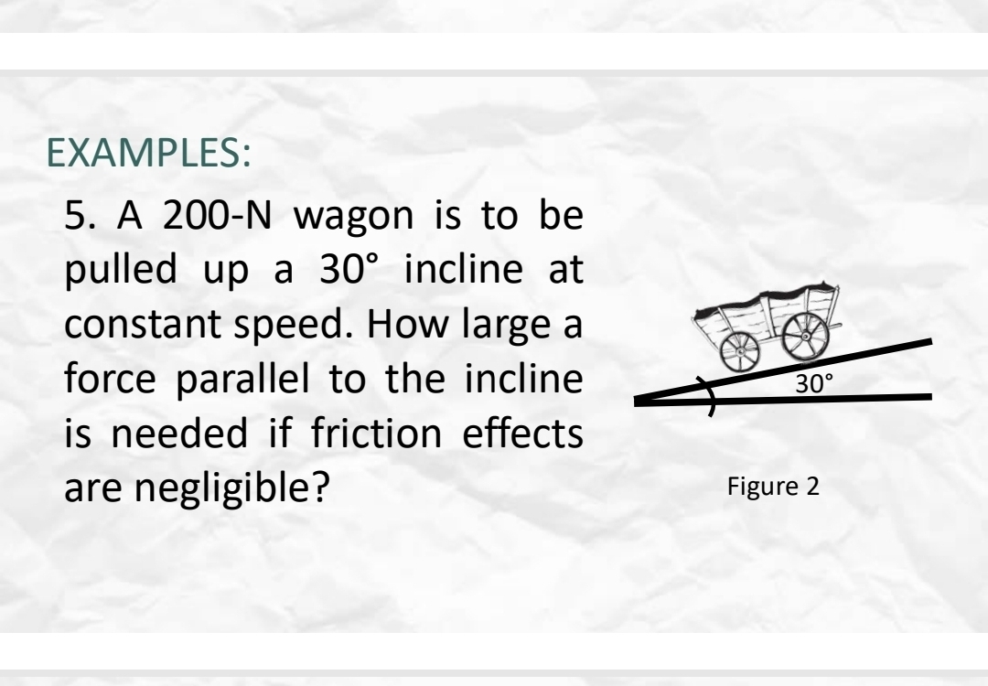 EXAMPLES:
5. A 200-N wagon is to be
pulled up a 30° incline at
constant speed. How large a
force parallel to the incline 
is needed if friction effects
are negligible? Figure 2