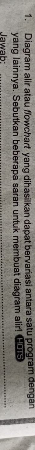 Diagram alir atau flowchart yang dihasilkan dapat bervariasi antara satu program dengan 
yang lainnya. Sebutkan beberapa saran untuk membuat diagram alir! HOTS 
Jawab:_