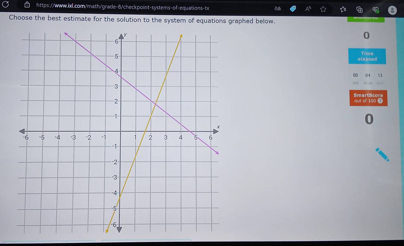 aあ 
Choose the best estimate for the solution to the system of equations graphed below. 
0 
Time 
elapsed 
00 04 13 
HR NIN S C 
SmartScore 
out of 100 7 
I