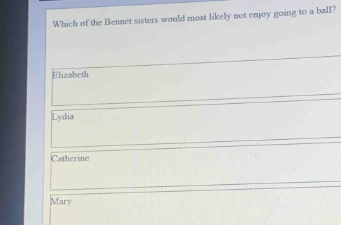 Which of the Bennet sisters would most likely not enjoy going to a ball?
Elizabeth
Lydia
Catherine
Mary