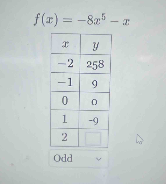 f(x)=-8x^5-x
Odd