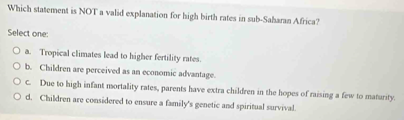 Which statement is NOT a valid explanation for high birth rates in sub-Saharan Africa?
Select one:
a. Tropical climates lead to higher fertility rates.
b. Children are perceived as an economic advantage.
c. Due to high infant mortality rates, parents have extra children in the hopes of raising a few to maturity.
d. Children are considered to ensure a family's genetic and spiritual survival.