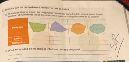 Reúnete con un compañero y realicen lo que se indica 
a) En cada polígono, tracen las diagorales necesárias para dividirio en triángulos. Luego 
scriban el número de lados de cada uno y cuánto 
b) ¿Cuál es la suma de los ángulos interiores de cada polígono?_ 
_ 
_