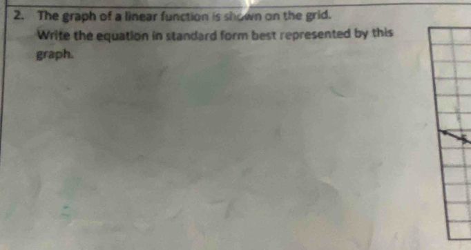 The graph of a linear function is shown on the grid. 
Write the equation in standard form best represented by this 
graph.