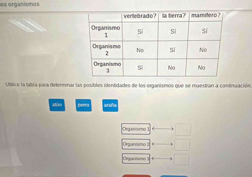 los organismos 
Utilice la tabla para determinar las posibles identidades de los organismos que se muestran a continuación. 
atún perro araña 
Organismo 1 □ 
Organismo 2 □ 
Organismo 3 □