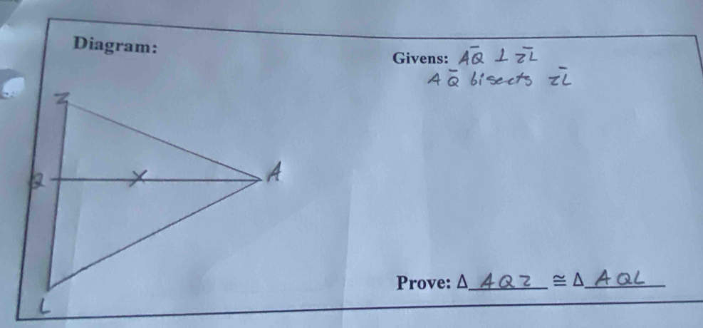 Diagram: 
Givens: 
Prove: △ _  ≌ △ _