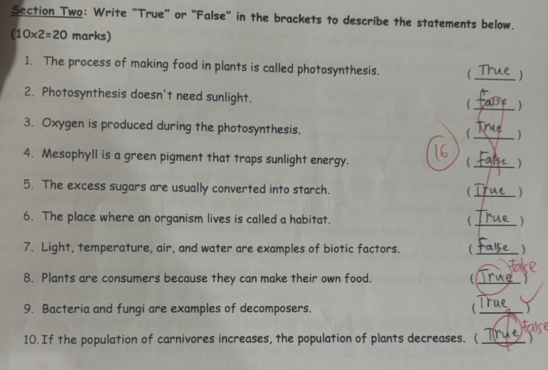 Section Two: Write “True” or “False” in the brackets to describe the statements below.
(10* 2=20 marks) 
1. The process of making food in plants is called photosynthesis. ( _) 
2. Photosynthesis doesn't need sunlight. 
_ ) 
3. Oxygen is produced during the photosynthesis. 
Mn 
 _) 
4. Mesophyll is a green pigment that traps sunlight energy. 
_ ) 
5. The excess sugars are usually converted into starch. 
(_ ) 
6. The place where an organism lives is called a habitat. ( _) 
7. Light, temperature, air, and water are examples of biotic factors. ( _) 
8. Plants are consumers because they can make their own food. 
_ 
w 
9. Bacteria and fungi are examples of decomposers.  _) 
10. If the population of carnivores increases, the population of plants decreases. ( _