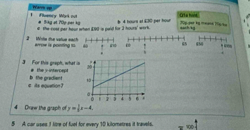 Warm up 
1 Fluency Work out Q1a hist 70p per kg means 70p for
5 kg at 70p per kg b 4 hours at £30 per hour
c the cost per hour when £90 is paid for 2 hours ' work. each kg
2 Write the value each 
arrow is pointing to £0. gio £50 E100 

3 For this graph, what is 
a the y intercept 
b the gradient 
c its equation? 
4 Draw the graph of y= 1/5 x-4, 
5 A car uses 1 litre of fuel for every 10 kilometres it travels. 100