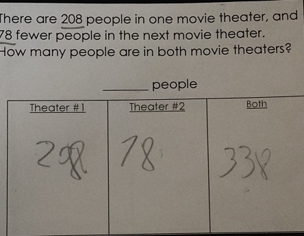 There are 208 people in one movie theater, and
78 fewer people in the next movie theater. 
How many people are in both movie theaters? 
_people