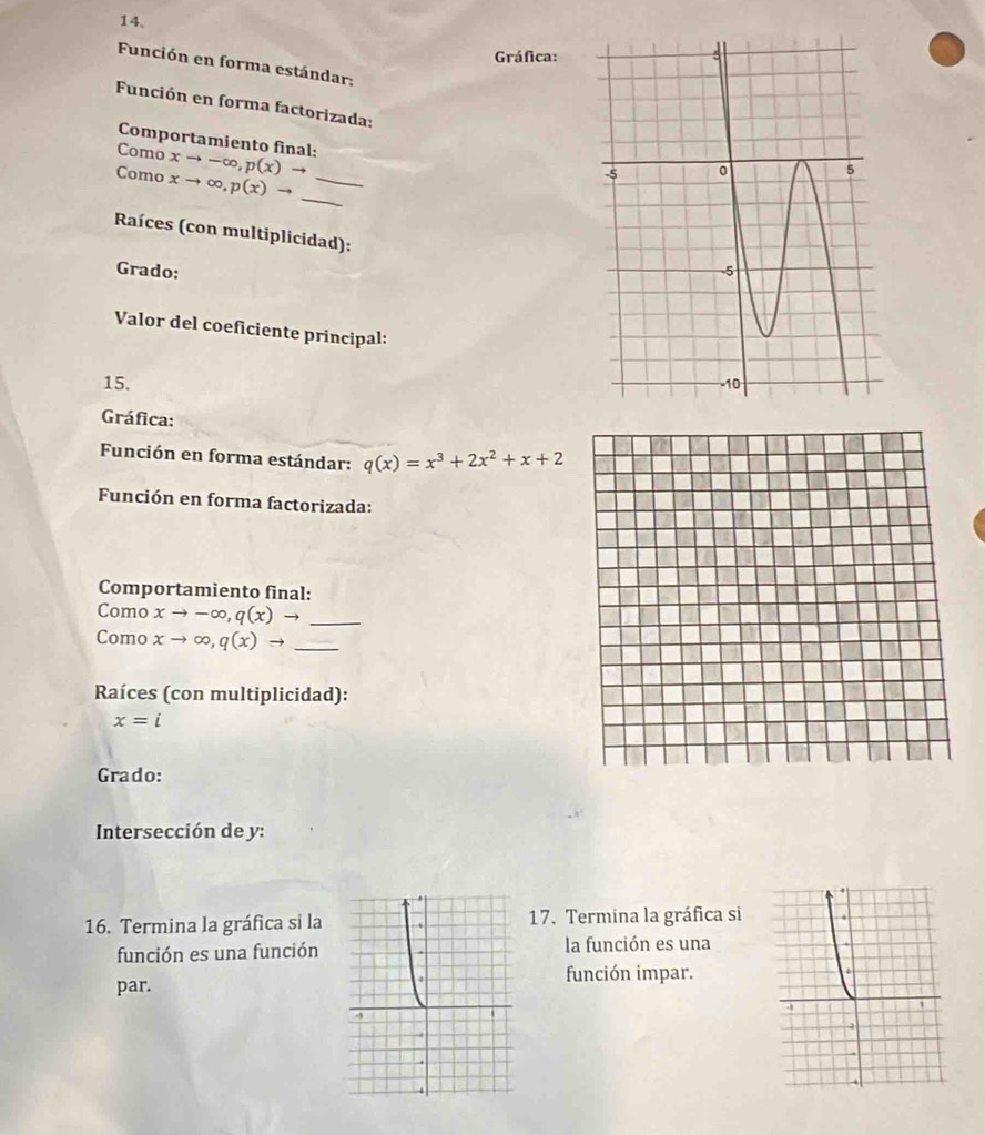 Gráfica: 
Función en forma estándar: 
Función en forma factorizada: 
Comportamiento final: 
Como xto -∈fty , p(x)to
_ 
Como xto ∈fty , p(x)to _ 
Raíces (con multiplicidad): 
Grado: 
Valor del coeficiente principal: 
15. 
Gráfica: 
Función en forma estándar: q(x)=x^3+2x^2+x+2
Función en forma factorizada: 
Comportamiento final: 
Como xto -∈fty , q(x)to _ 
Como xto ∈fty , q(x)to _ 
Raíces (con multiplicidad):
x=i
Grado: 
Intersección de y : 
16. Termina la gráfica si la17. Termina la gráfica si 
función es una función la función es una 
función impar. 
par.