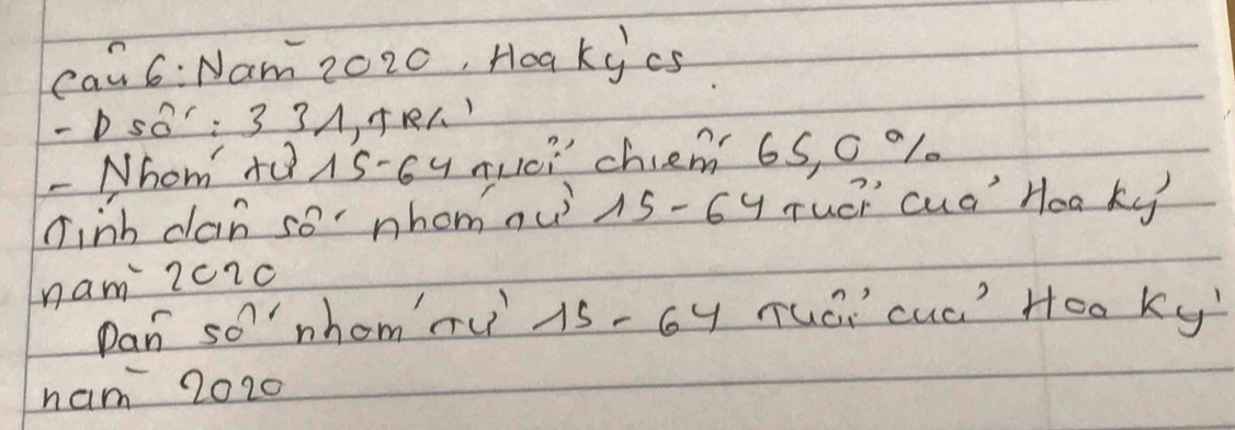 Can 6: Nam 2020, Hea kycS 
- DSO':3 3A, TRC 
- Nhom +diS -6y mc chem 65, 0 01. 
Tinh dan so' nhomou 1S - 6y rué cua" Hea ky 
nam 2c10 
Dan so' nhom'ru1s- 6y Tuái cuó) Hoo ky 
ham 2020