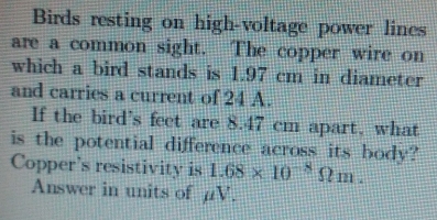 Birds resting on high-voltage power lines 
are a common sight. The copper wire on 
which a bird stands is 1.97 cm in diameter 
and carries a current of 24 A. 
If the bird's feet are 8.47 cm apart, what 
is the potential difference across its body? 
Copper's resistivity is 1.68* 10^(-8)Omega m. 
Answer in units of ∠ V