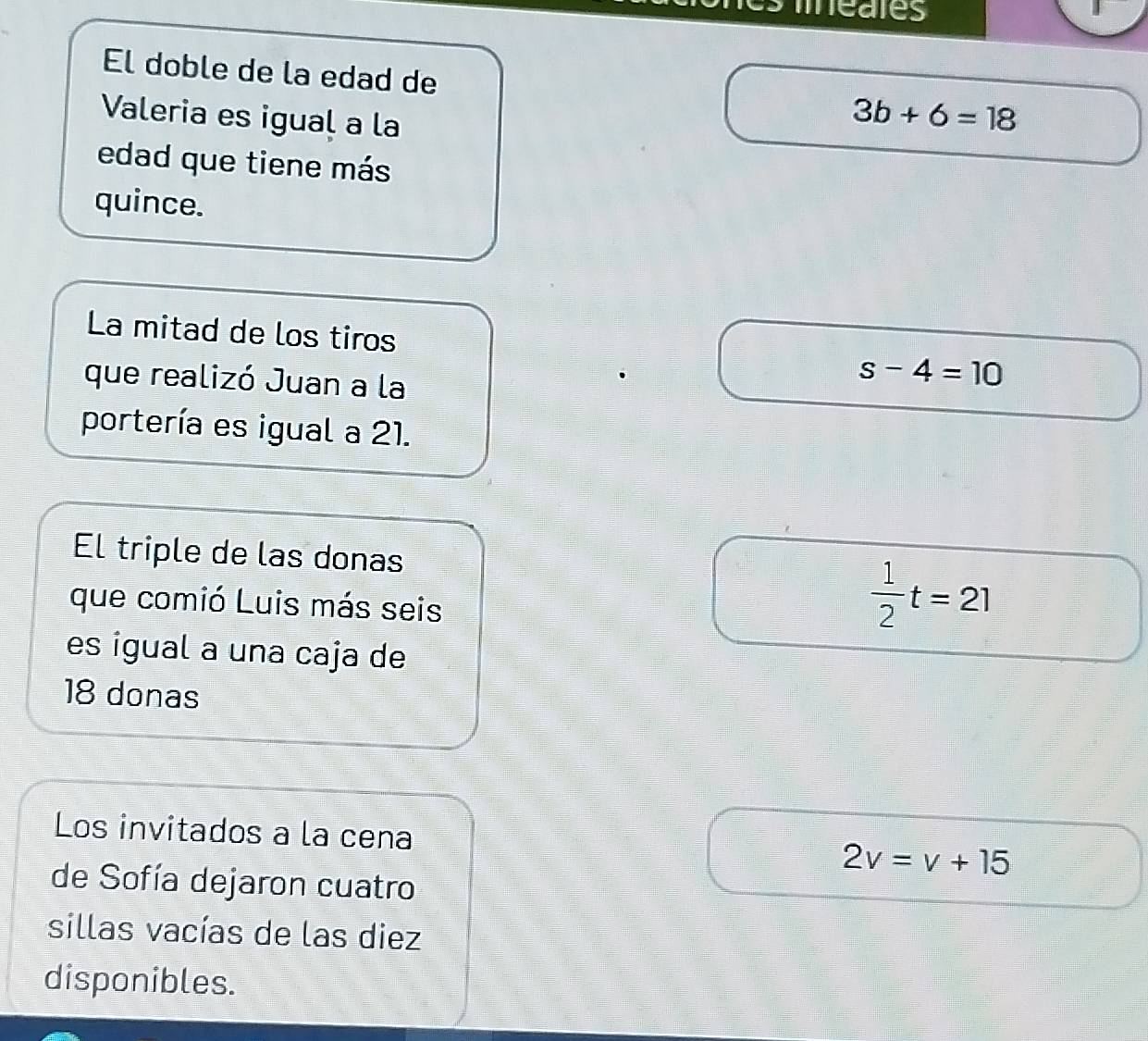 leales
El doble de la edad de
Valeria es igual a la
3b+6=18
edad que tiene más
quince.
La mitad de los tiros s-4=10
que realizó Juan a la
portería es igual a 21.
El triple de las donas
que comió Luis más seis
 1/2 t=21
es igual a una caja de
18 donas
Los invitados a la cena
2v=v+15
de Sofía dejaron cuatro
sillas vacías de las diez
disponibles.