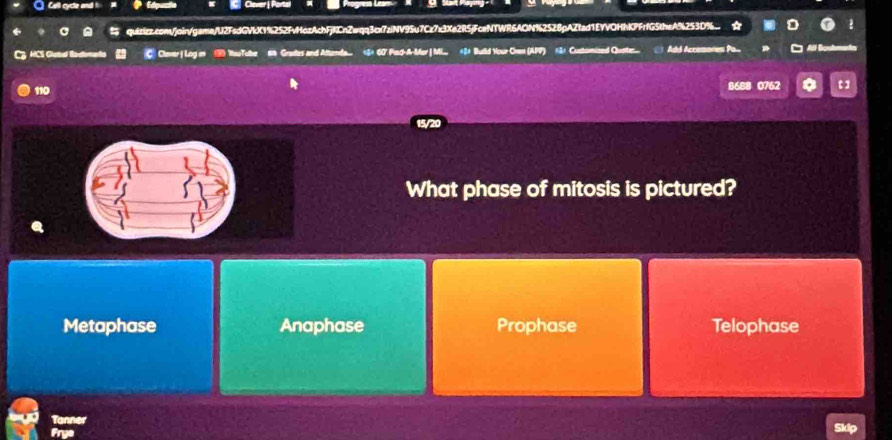 Cell cycle and ! Clever Porta
quizizz.com/join/game/U2FsdGVkX1%252FvHozAchFjKCnZwqq3cx7ziNV9Su7Cz7x3Xe2R5jFceNTWR6AON%2528pAZtad1EYVOHhKPFrfG5theA%253D%.
C3 HCS Global Bostoan C. Claer | Log m + YouTube #4 Gradles and Altenda 5+ 60' Piad-A-Mer| Mi. *β* Bulld Your-Ow (APP) =3= Customized Quaten... Adó Accesores Po... * Alf Boubmade
110 8688 0762
15/20
What phase of mitosis is pictured?
Metaphase Anaphase Prophase Telophase
Tanner
Frye Skip