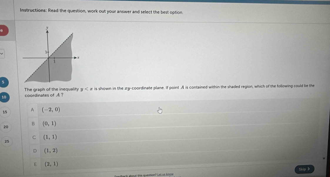 Instructions: Read the question, work out your answer and select the best option.
e
5
The graph of the inequality y is shown in the xy -coordinate plane. If point A is contained within the shaded region, which of the following could be the
10 coordinates of A ?
15 A (-2,0)
20
B (0,1)
C (1,1)
25
D (1,2)
E (2,1)
Feedback about this question? Let us know Skip 》