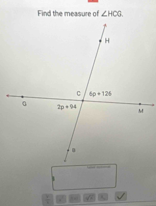 Find the measure of ∠ HCG.
 y/x  x^2 f(wi