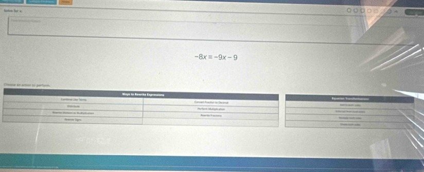 lolve for x.
-8x=-9x-9
Choour an acton to perform