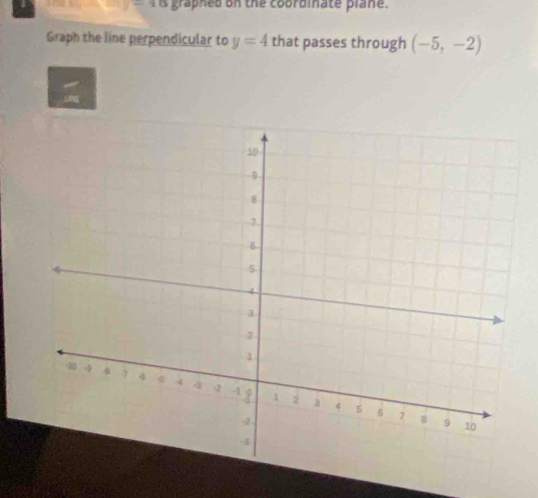 -2 graphed on the coordinate plane. 
Graph the line perpendicular to y=4 that passes through (-5,-2)