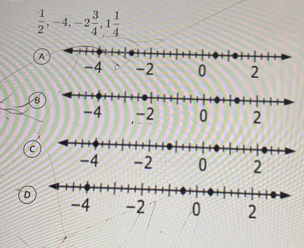  1/2 , -4, -2 3/4 , 1 1/4 
A
-4 D -2 0 2
B
-2
C
-4 -2 0 2
D