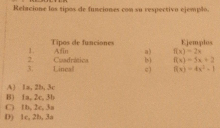 Resuelto:Relacione los tipos de funciones con su respectivo ejemplo ...