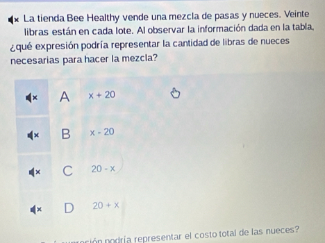 La tienda Bee Healthy vende una mezcla de pasas y nueces. Veinte
libras están en cada lote. Al observar la información dada en la tabla,
¿qué expresión podría representar la cantidad de libras de nueces
necesarias para hacer la mezcla?
A x+20
B x-20
C 20-x
× 20+x
nción nodría representar el costo total de las nueces?