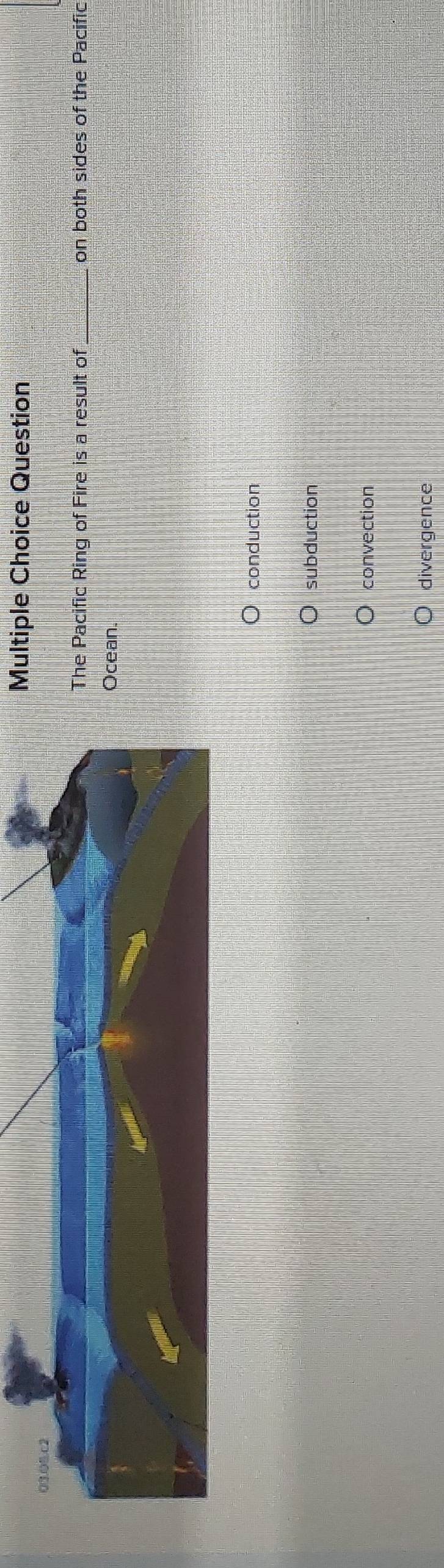 ultiple Choice Question
he Pacific Ring of Fire is a result of on both sides of the Pacific
cean.
conduction
subduction
convection
divergence