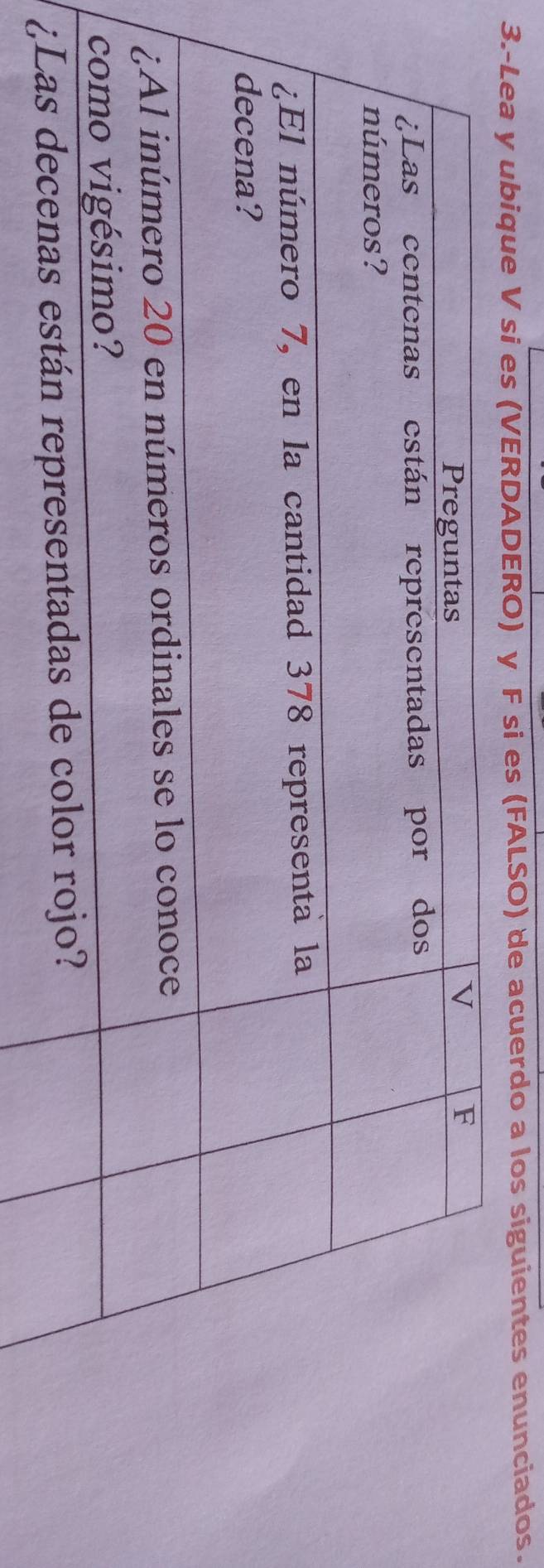 3.-Lea y ubique V si es (VERDADERO) y F si es (FALSO) de acuerdo a los siguientes enunciados.