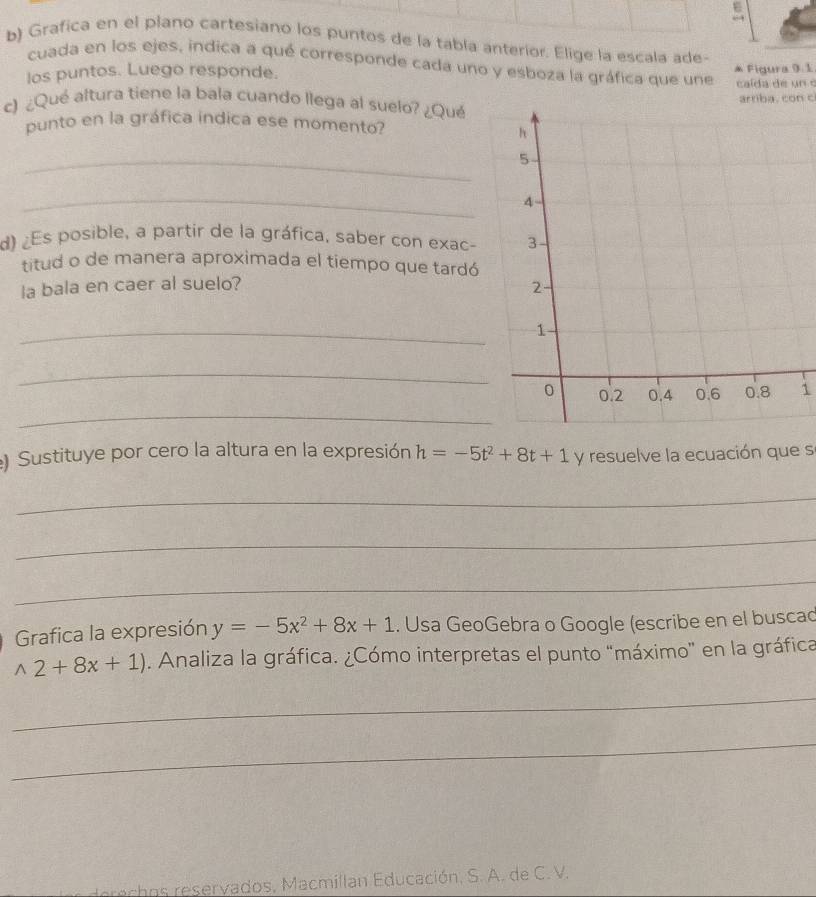 Grafica en el plano cartesiano los puntos de la tabía anterior. Elige la escala ade- 
cuada en los ejes, indica a qué corresponde cada uno y esboza la gráfica que une 
los puntos. Luego responde. * Figura 9.1 
c) ¿Qué altura tiene la bala cuando llega al suelo? ¿Quéartiba. con c 
punto en la gráfica indica ese momento? 
_ 
_ 
d) ¿Es posible, a partir de la gráfica, saber con exac- 
titud o de manera aproximada el tiempo que tardó 
la bala en caer al suelo? 
_ 
_ 
1 
_ 
Sustituye por cero la altura en la expresión h=-5t^2+8t+1 y resuelve la ecuación que s 
_ 
_ 
_ 
Grafica la expresión y=-5x^2+8x+1.. Usa GeoGebra o Google (escribe en el buscac
wedge 2+8x+1). Analiza la gráfica. ¿Cómo interpretas el punto “máximo” en la gráfica 
_ 
_ 
derechos reservados, Macmillan Educación, S. A. de C. V.