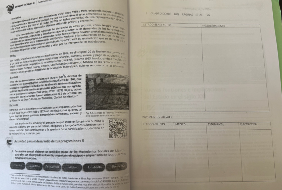 CIENCIAS SOCIALES II/
1. CUADRO DOBLE 10% PAGINAS 13-21 - 26
ferrocamilero
Los ferrocarrileros iniciaron otro movimiento social entre 1958 y 1959, exigiendo mejoras salarialo
y pugnando por democracia sindical, ya que los sindicatos al estar adheridos a las confederacioó
nes afines con el partido en el poder (el PRI), no había posibilidad de una representación sindica
realmente autónoma y ajena a los intereses del poder político y económico
Este movimiento logró aglutinar las demandas de otros sectores, como telegráfistas, éléc
tricistas, maestros, petroleros y estudiantes que se sumaron a las demandas de los ferrocarrileros
anadiendo las suyas propías. Las demandas de los ferrocarrileros llevaron a estallamientos de huelg
que desembocaron en la intervención del Ejército Nacional y la instauración de lo que los trabala
dores ferrocamieros denominaron un sindicato "charro", esto es, un sindicato que se alineaba a lo
intereses del patrón antes que respetar y velar por los intereses de los trabajadores
Médico
Los médicos también iniciaron un movimiento, en 1964, en el Hospital 20 de Noviembre convocaros
a un paro en demanda de mejores condiciones laborales, aumento salarial y pago de aguinaldo a lo
médicos residentes despedidos. El movimiento fue creciendo durante 1965, involucrando a médicos d
los hospitales General, Juárez, Colonia, San Fernando y al Servicio Médico de los Ferrocarrileros, r
cibiendo el apoyo de profesionistas de la salud de todo el país, quienes se sumaron a las clemanca
Estudiantil la defensa de
Otro de los movimientos sociales que pugnó por'
sus derechos lo constituyó el movimiento estudiantil de 1968, que
empezó a organizar a estudiantes de diversos centros educativos,
quienes realizaron continuas protestas públicas que no agrada-
ron al presidente Gustavo Díaz Ordaz (1911-1979). Bajo su admi-
nistración los estudiantes fueron violentados el 2 de octubre, en
la Plaza de las Tres Culturas, en Tlateloico, Ciudad de México.?'
Electricista
Otro más de los movimientos sociales con gran impacto social fue
el que tuvo lugar entre 1969 y 1973 con ios electricistas, quienes, al
de la represión de estudiantes en 1968
igual que los demás gremios, demandaban incremento salaríal y Fig. 1.9. La Plaza de Tlateiolco fue el escenaroMOVIMIENTOS SOCIALES
democracia sindical.
Los movimientos sociales y el precedente que sentó en la opinión pública la
FERROCARRILERO Médico
reacción violenta por parte del Estado, obligaron a los gobiernos subsecuentes a ESTUDIANTIL ELECTRICISTA
tomar medidas que contribuyeran a la apertura de la participación ciudadana en
la vida política y social del país.
Actividad para el desarrollo de tus progresiones 5
l. De manera grupal elaboren un periódico mural de los Movimientos Sociales de México
para ello, con el apoyo de su docente, organicen seis equipos y asignen uno de los siquientes
movimientos sociales:
Feminista Mag sterial Ferrocarriler Médico Estudiantil Electricista
* Para ertende de manera concreta el Movimiento Estudiantil de 1968, puedes ver el filme Rojo amanecer (1989) dirigido por or
Fons o el documental de la UNAM "B grito", disponible en: [https:/www.voutube.com/watch?vaukFins746XZQ]. Para profundifa
y sensibizarte más, puedes leer Li noche de Tateloico de Elena Poniatowska. Los días y los años de Luis González de Alba. La 0M  
de Luis Sposa, Palinuro de México de Fernando del Paso, entre otros, los cuales fueron publicados en la décaría de los 70