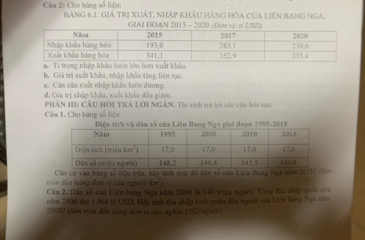 Cho bảng số liệu:
bảng 6.1. giÁ TRị XUÁT, NHập KhÂU hẢnG hÓA CủA liÊN bang ngA,
GIAI ĐOAN 2015 - 20
a. Ti trọng nhập khẩu luôn lớn hơn xuất khẩu.
b. Giá trị xuất khâu, nhập khẩu tăng liên tục.
c. Cán cân xuất nhập khẩu luôn dương.
đ. Gía trị nhập khẩu, xuất khẩu đều giảm.
PHÀN III: CÂU HÔI TRẢ LờI NGÂN. Thí sinh trả lời các câu hỏi sau:
Câu 1. Cho bảng số liệu
Diện tích và dân số của Liên Bang Nga giai đoạn 1995-2015
Căn cứ vào bảng số liệu trên, hãy tính mật độ dân số của Liên Bang Nga năm 2015? (làm
tròn đến hàng đơn vị của người/ km^2).
Câu 2. Dân số của Liên bang Nga năm 2000 là 146 triệu người. Tổng thu nhập quốc qua
năm 2000 đạt 1,464 tỷ USD. Hãy tính thu nhập bình quân đầu người của Liên bang Nga năm
2000? (làm tròn đến hàng đơn vị của nghìn USD/người)