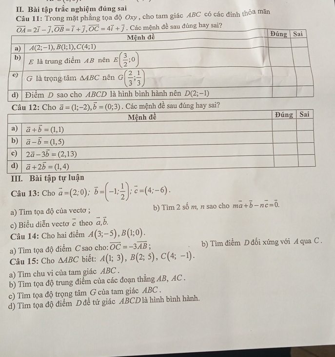 Bài tập trắc nghiệm đúng sai
Câu 11: Trong mặt phẳng tọa độ Oxy, cho tam giác ABC có các đỉnh thỏa mãn
. Các mệnh đề sau đúng hay sai?
Câu 12: Cho vector a=(1;-2),vector b=(0;3). Các mệnh đề sau đúng hay sai?
III. Bài tập tự luận
Câu 13: Cho vector a=(2;0);vector b=(-1; 1/2 );vector c=(4;-6).
a) Tìm tọa độ của vectơ ; b) Tìm 2 số m, n sao cho mvector a+vector b-nvector c=vector 0.
c) Biểu diễn vectơ overline c theo vector a,vector b.
Câu 14: Cho hai điểm A(3;-5),B(1;0).
a) Tìm tọa độ điểm C sao cho: vector OC=-3vector AB; b) Tìm điểm D đối xứng với A qua C .
Câu 15: Cho △ ABC biết: A(1;3),B(2;5),C(4;-1).
a) Tìm chu vi của tam giác ABC .
b) Tìm tọa độ trung điểm của các đoạn thẳng AB, AC .
c) Tìm tọa độ trọng tâm G của tam giác ABC .
d) Tìm tọa độ điểm D đề tứ giác ABCD là hình bình hành.