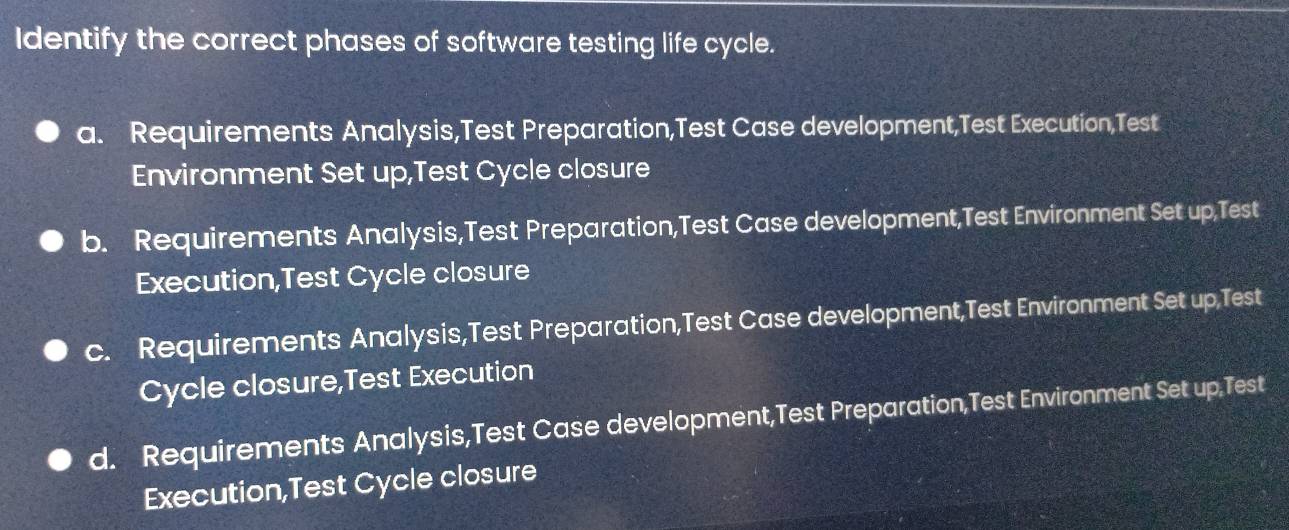 Solved: Identify the correct phases of software testing life cycle. a ...