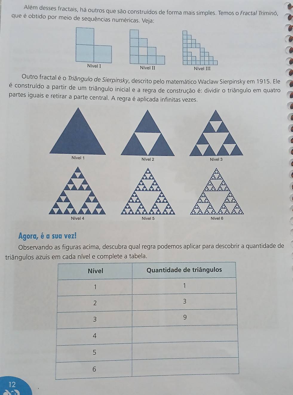 Além desses fractais, há outros que são construídos de forma mais simples. Temos o Fractal Triminó, 
que é obtido por meio de sequências numéricas. Veja: 
Nivel I Nivel II Nível III 
Outro fractal é o Triângulo de Sierpinsky, descrito pelo matemático Waclaw Sierpinsky em 1915. Ele 
é construído a partir de um triângulo inicial e a regra de construção é: dividir o triângulo em quatro 
partes iguais e retirar a parte central. A regra é aplicada infinitas vezes. 
Nível 3 
Nivel 5 Nivel 6 
Agora, é a sua vez! 
Observando as figuras acima, descubra qual regra podemos aplicar para descobrir a quantidade de 
triângulos azuis em cada nível e complete a tabela. 
12