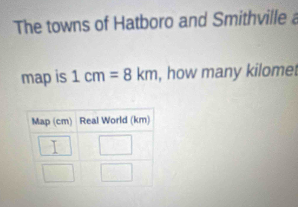 The towns of Hatboro and Smithville a 
map is 1cm=8km , how many kilomet