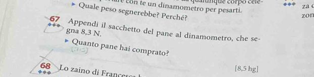 quannque corpo céle 
ue con te un dinamometro per pesarti. 
za  
Quale peso segnerebbe? Perché? 
zon
67 Appendi il sacchetto del pane al dinamometro, che se- gna 8,3 N. 
Quanto pane hai comprato?
[8,5 hg]
68 Lo zaino di Françesc