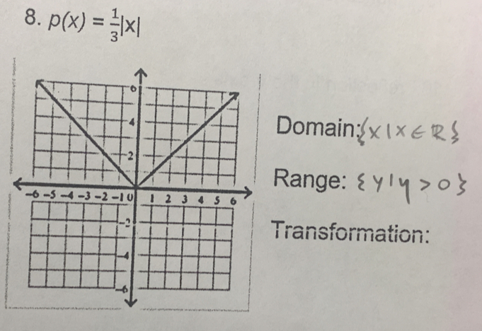 p(x)= 1/3 |x|
Domain 
Range: 
Transformation: