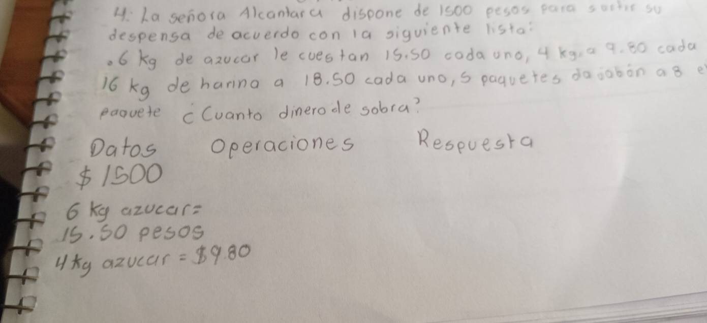 La senora Alcantara dispone de 1500 pesos para sortic so 
despensa deacuerdo con la siquiente lista? 
. 6 kg de azucar le cuestan 15. SO codaono, 4 kg, a 9. 80 cada
16 kg de harina a 18. SO cada uno, S paquetes do¢obòn a 8 e 
eaquete cCuanto dinerode sobra? 
Datos Operaciones 
Respuesta
1500
6 Kg azucar=
15. 50 pesos
Kg azucar =$ 9.80